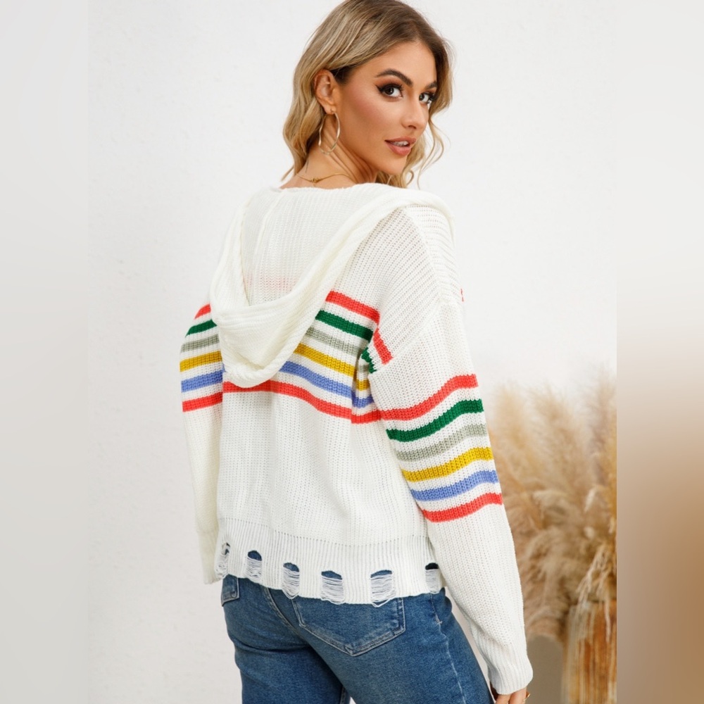 White and Colorful Striped Hooded Cardigan - Picture 2 of 7